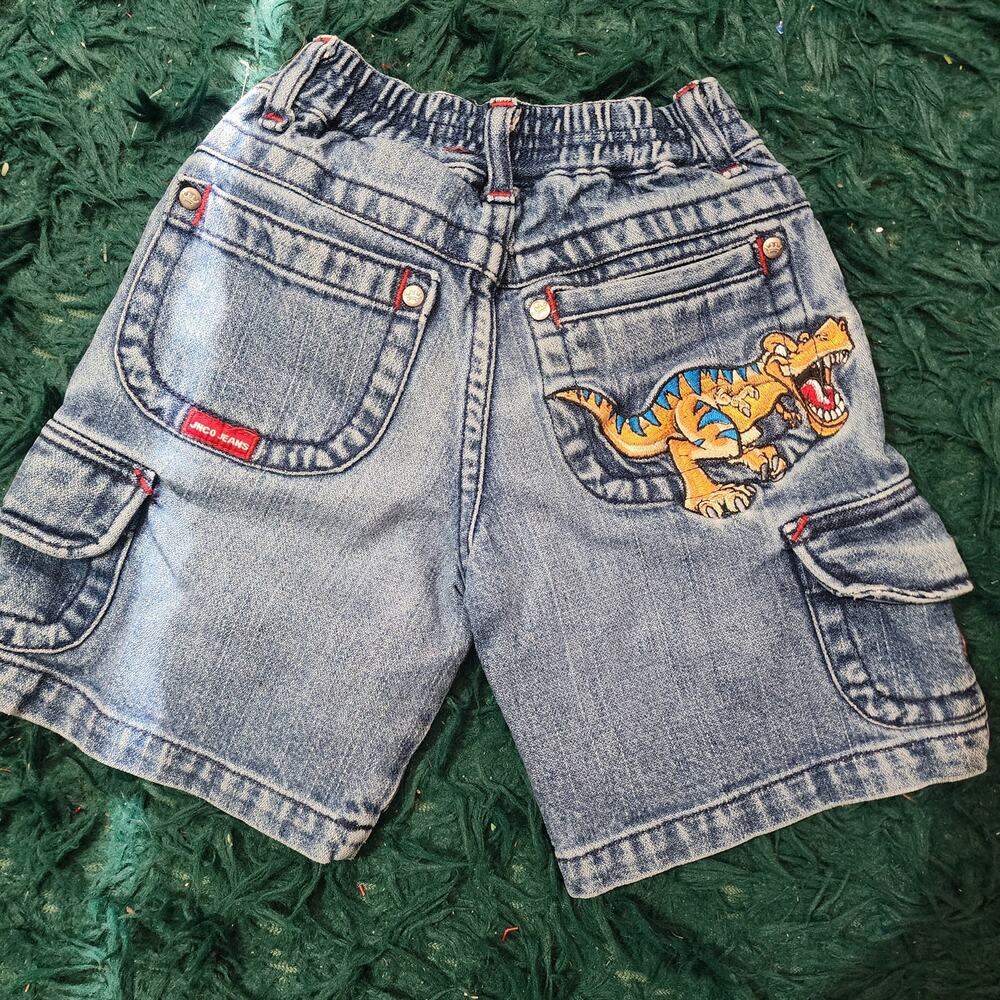 Vintage JNCO Kids Dinosaur Embroidered Denim Cargo Shorts Size 3T Y2K